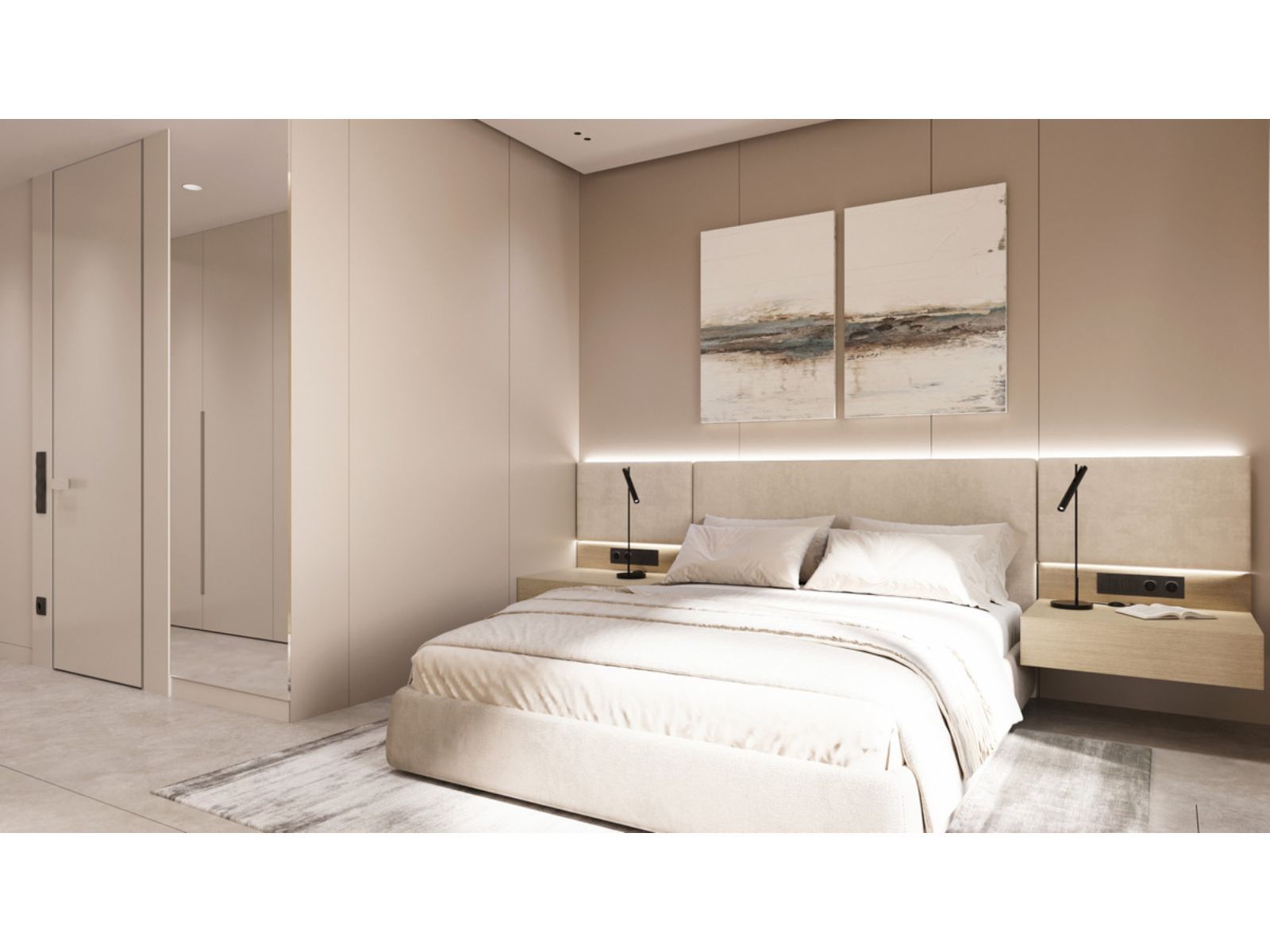 Modernes beiges Schlafzimmer Interieur mit minimalistischer Kunst und sanfter Beleuchtung.
